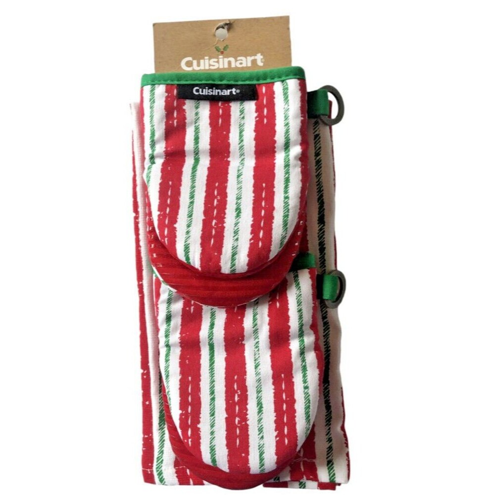 Christmas Cuisinart 2 Kitchen Dish Towels 2 Mini Oven Mitts Set of 4 Red Green